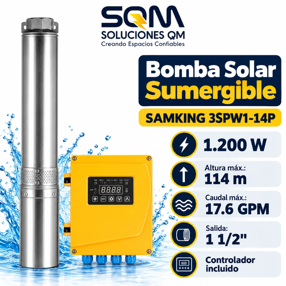 [DC-3SPW1-14P] Bomba solar de pozo profundo de 1200 W con controlador de CA/CC, 17.6 GPM, 113 metros maximo de altura, salida de 1.5 pulgadas, paneles no incluidos