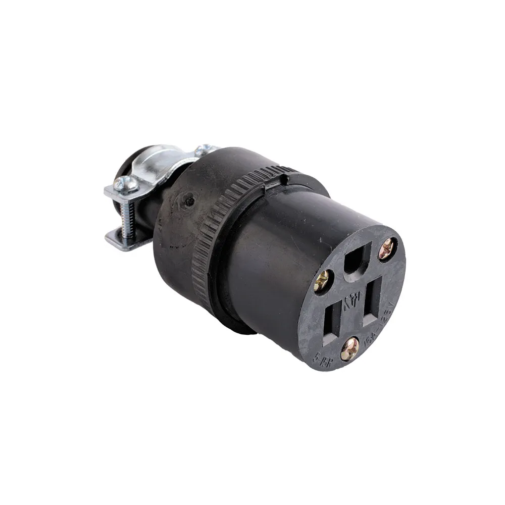 [E02252] TOMA EXTENSION C/ ABRAZADERA 2P 3H 15A 125V NEMA 5-15R NEGRO #222
